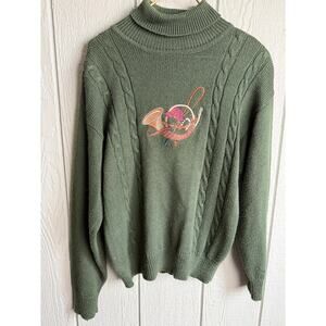 Vintage Herman Geist Cable Knit Sweater Wool Blend Embroidered Bird Horn M